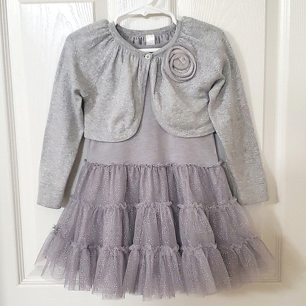 Cherokee Toddler Girls (2) Piece 2T Grey & Silver Sparkle Dress & 18M Sweater